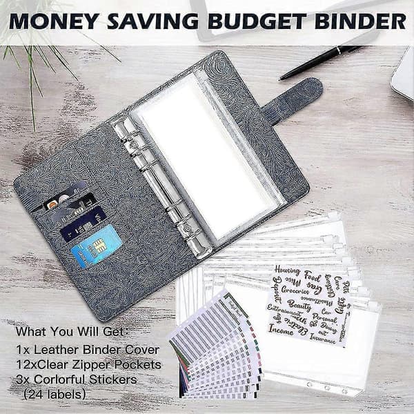 Budget Binder with Zippered Envelopes, Cash Envelopes with 8 Clear Pockets, 6 with 2 Label Stickers