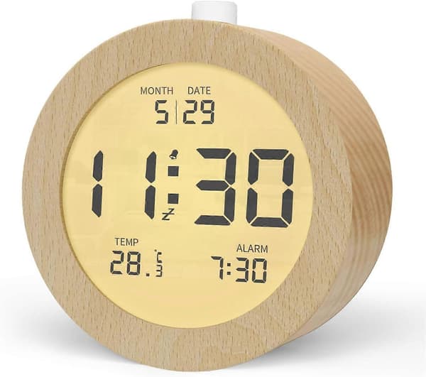Digital Alarm Clock, Wooden Alarm Clock Bedside with LCD Backlight, Temperature Display, Snooze Function, for Bedroom, Office