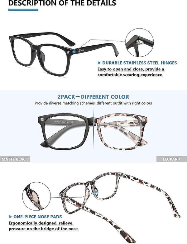 2-pack Blue Light Blocking Glasses, Computer Reading/Gaming/TV/Phone Glasses