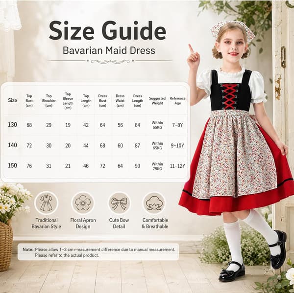 Dirndl til børn, børne-Dirndl til piger med hovedtørklæde, Dirndl-sæt til børn svart 150