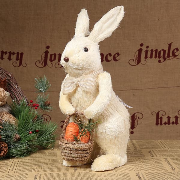 Easter Straw Bowknot Bunny with Carrot Basket Artificial Standing Rabbit for Dol