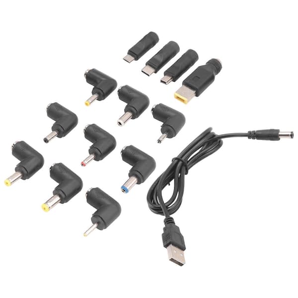 USB til DC strømkabel Universal USB til DC Jack ladekabel strømledning med 13 utskiftbare pluggkontakter adapter Black