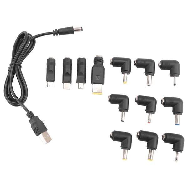 USB til DC strømkabel Universal USB til DC Jack ladekabel strømledning med 13 utskiftbare pluggkontakter adapter Black