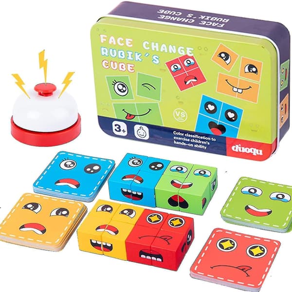 Wooden Face-Changing Magic Cube, Building Blocks Game Matching Expression Puzzle Toy With Clock