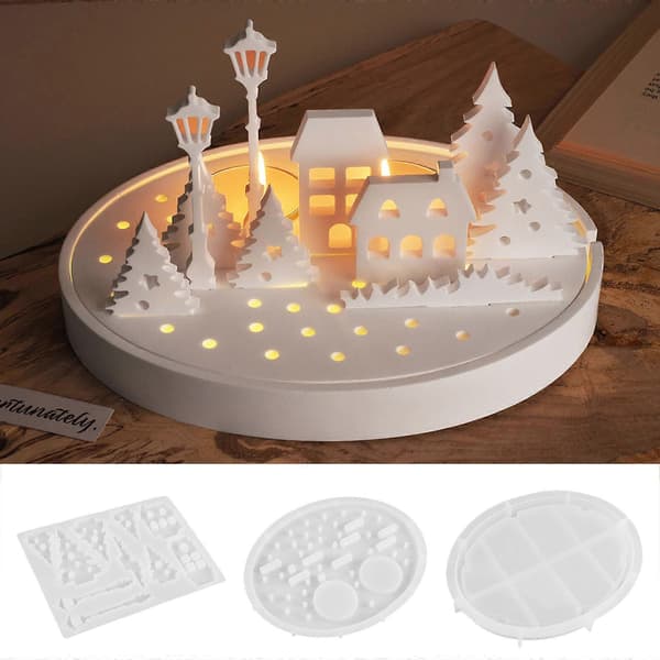 Fleksibel silikonform for DIY-lysholdere og nattlamper med gatebilde, tre- og husdesign