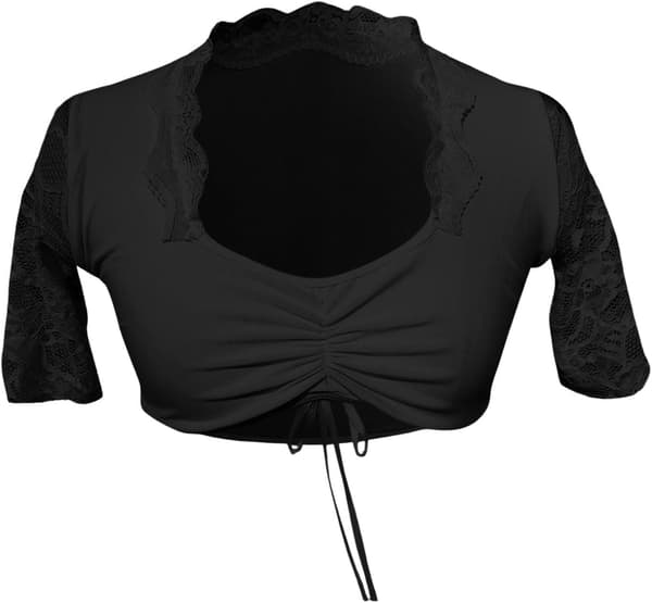 Generisk Dirndl-blus, stora storlekar, rund hals med dragsko, spets svart M