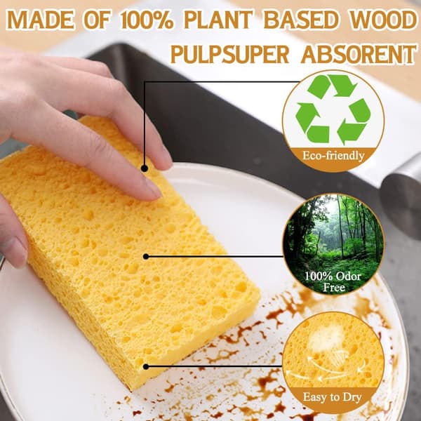 (10-pack) Natural Dish Sponges, Reusable Scouring Pads - Compressed Wood Pulp Dish Sponge Wiper Scratch-Free