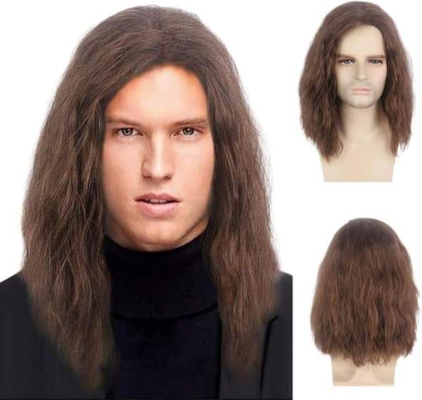 Brown Wig for Men, Medium Length Curly Hair