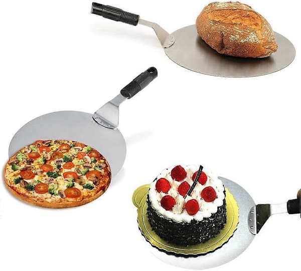 Rund pizzaspade i rustfritt stål med sklisikkert håndtak, ideell for kaker, pizza, paier