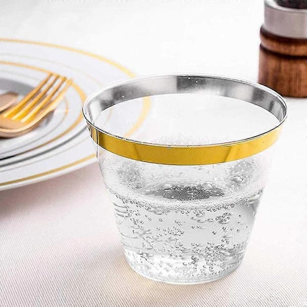 25-pakning - 9 oz plastcocktailglass, solid plastkopp med kant, gullkant