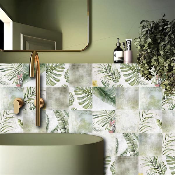 Tile Decor for Kitchen Bathroom, 3D Green Leaf Lemon Pattern Tile Decals 24PCS Self-Adhesive Tile Stickers Tile Decoration (Green Leaf, 15x15cm)