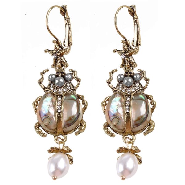 Natural Hanging Earrings with Abalone Shell, Freshwater Pearls and Beetle
