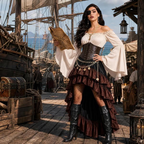 Middelalder piratkostume damesæt til halloween karneval cosplay, beige, S