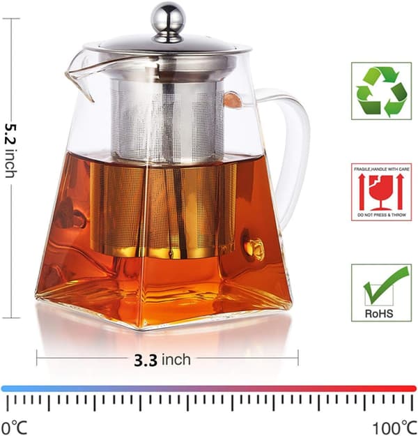 Square Glass Teapot with Strainer, 550ml Borosilicate Teapot with Infuser, Clear Loose Leaf Teapot