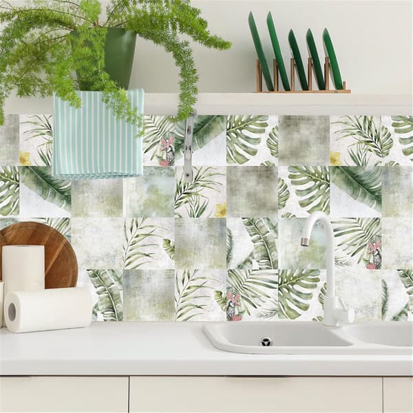 Tile Decor for Kitchen Bathroom, 3D Green Leaf Lemon Pattern Tile Decals 24PCS Self-Adhesive Tile Stickers Tile Decoration (Green Leaf, 15x15cm)