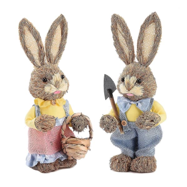 Standing Rabbit Figurine 2pcs Party Supplies, Home Decor Easter Handmade Grass Rabbit