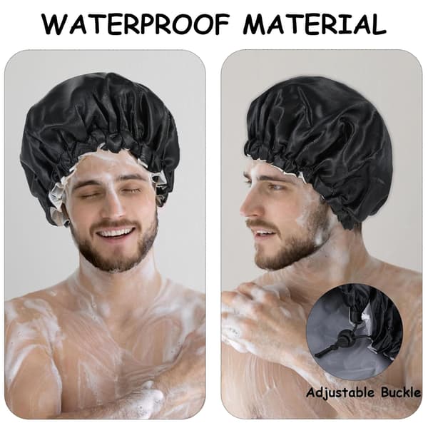 Double Layer Satin Bonnet for Men, Waterproof Shower Cap Adjustable Drawstring Hair Reusable Bathing Men Curly Braids, Black -