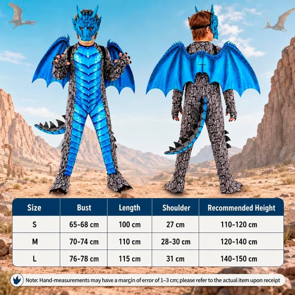 Drakdräkt barn med vingar och mask, overall set blå S