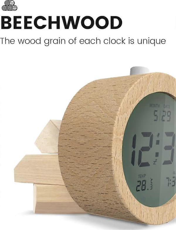 Digital Alarm Clock, Wooden Alarm Clock Bedside with LCD Backlight, Temperature Display, Snooze Function, for Bedroom, Office