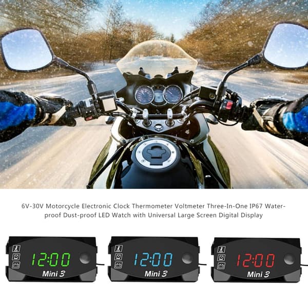 3-i-1 Digital Motorcykel Ur Termometer Voltmeter Digitalt Styr