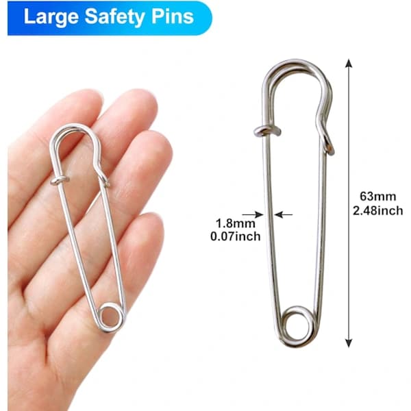 Large Safety Pins, 12 Pieces, 63mm, Extra Large Size