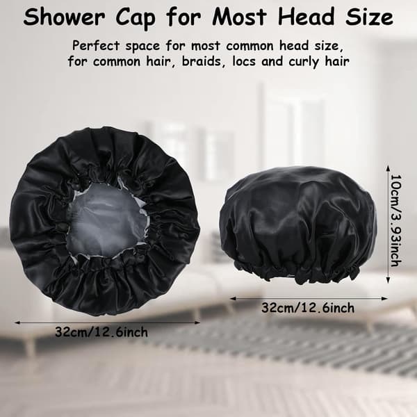 Double Layer Satin Bonnet for Men, Waterproof Shower Cap Adjustable Drawstring Hair Reusable Bathing Men Curly Braids, Black -