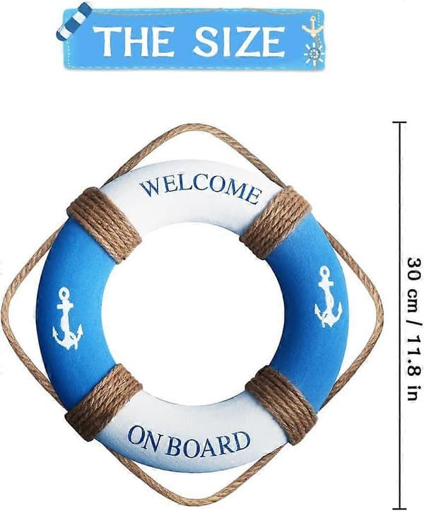 Nautical Lifebuoy Wall Decor - Beach Theme Home Decor (Blue & White 30cm)