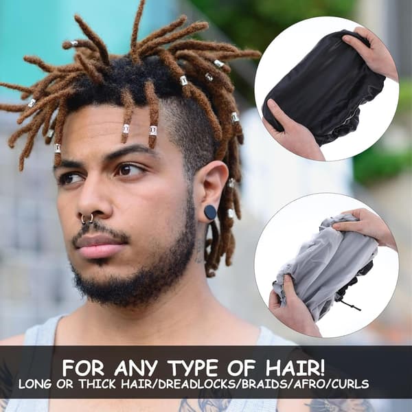 Double Layer Satin Bonnet for Men, Waterproof Shower Cap Adjustable Drawstring Hair Reusable Bathing Men Curly Braids, Black -