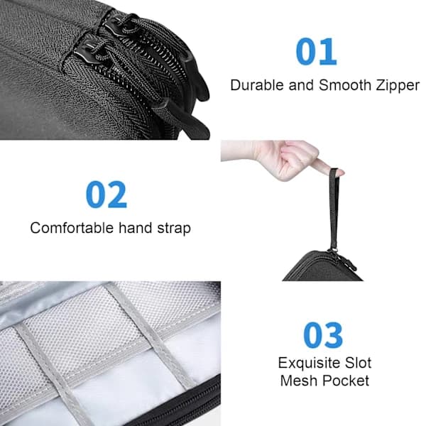 Electronic Accessory Storage Bag, Waterproof Travel Case, Can Store Cables, Chargers, and Small Tools, Double-Layer Design for Easy Storage.