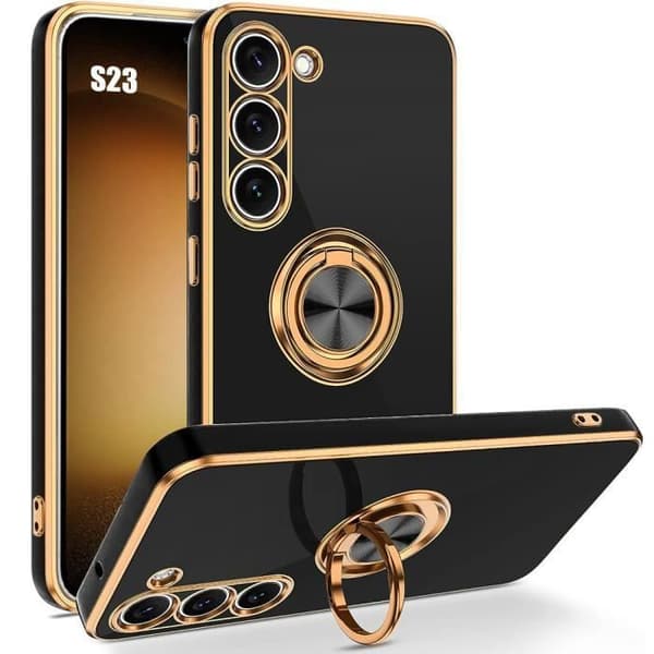 Booling Silikonecover til Samsung Galaxy S23, Ringstativ & Guldkant [JUN] Sort Svart