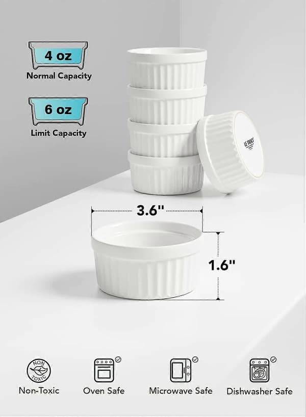 4 Oz Ramekins, Creme Brulee-formar, Ramekin-set för Soufflé, Dippsåser, Pudding, Set om 6, Vit