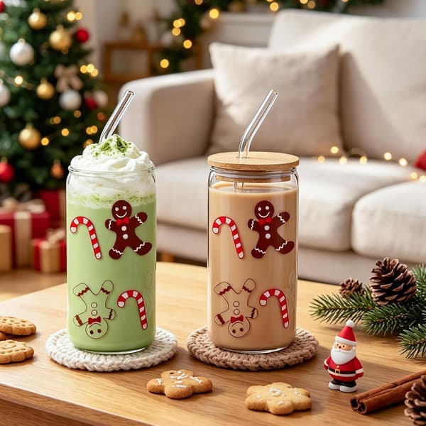 Booaee 500 ml julglas, 2 stycken julpepparkaksgubbe, dricksglas, julkoppar med lock, sugrör, ölburk, glas, sugrör, julkaffe som julklappar