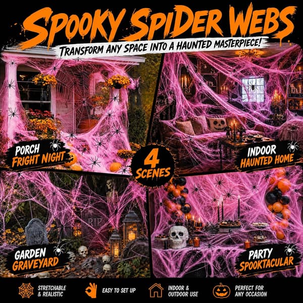 400 g Spindelvæv Halloween-pynt med 60 edderkopper, Halloween-pynt til udendørs brug