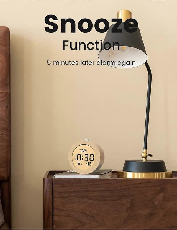 Digital Alarm Clock, Wooden Alarm Clock Bedside with LCD Backlight, Temperature Display, Snooze Function, for Bedroom, Office