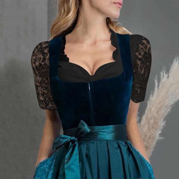 Generisk Dirndl-blus, stora storlekar, rund hals med dragsko, spets svart XL