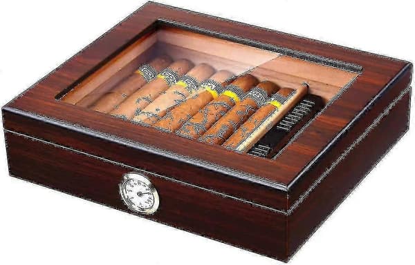 Håndlavet Cigar Humidor, Cedar Cigar Skrivebordsskuffe Med Luftfugter Og Hygrometer, Glas Top