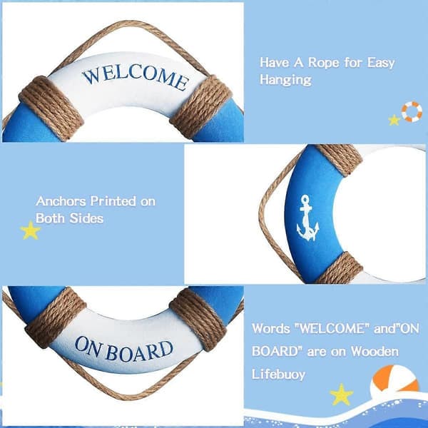 Nautical Lifebuoy Wall Decor - Beach Theme Home Decor (Blue & White 30cm)