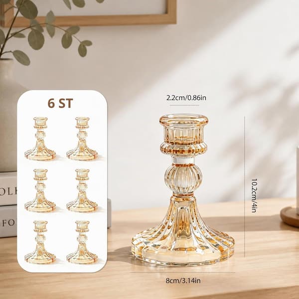 6 stycken ljusstakar stavljushållare, ljusstake glas 10 cm Bärnsten