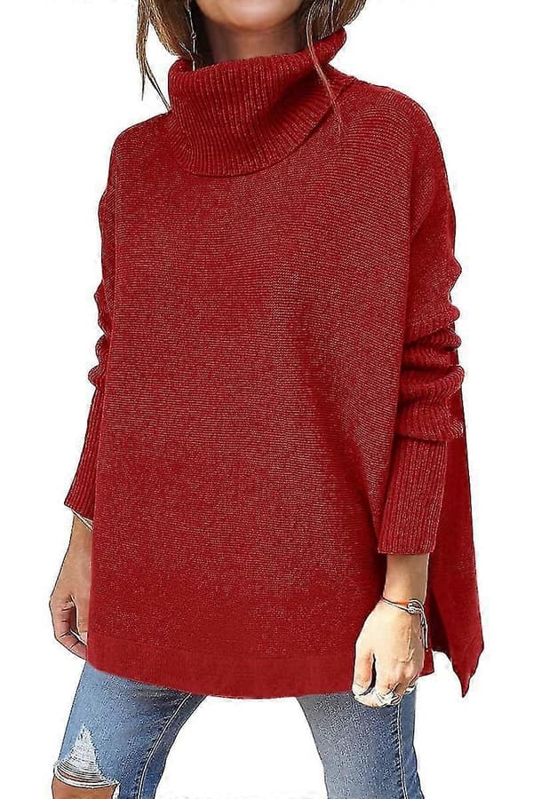 Bxhd Dame Turtleneck Oversized Batwing Ærme Delt Kant Strikket Tunika Pullover Sweater
