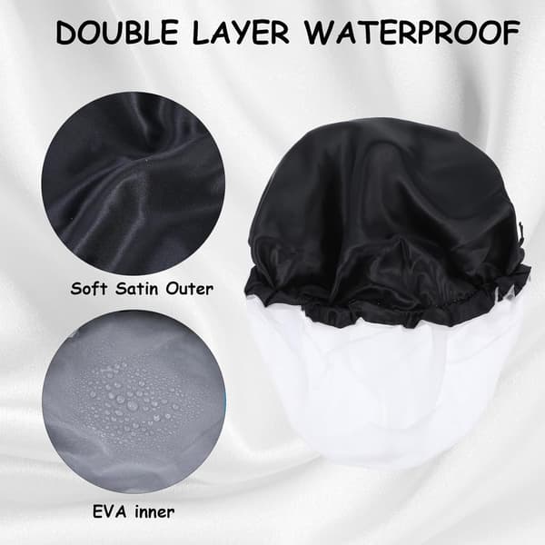 Double Layer Satin Bonnet for Men, Waterproof Shower Cap Adjustable Drawstring Hair Reusable Bathing Men Curly Braids, Black -