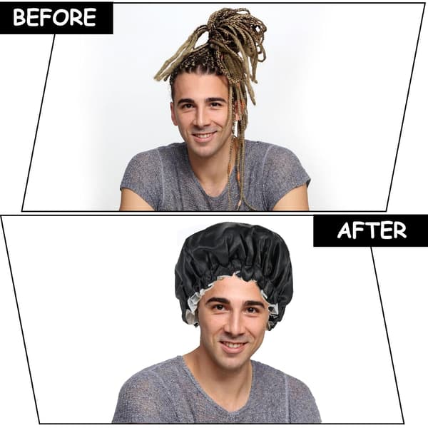 Double Layer Satin Bonnet for Men, Waterproof Shower Cap Adjustable Drawstring Hair Reusable Bathing Men Curly Braids, Black -