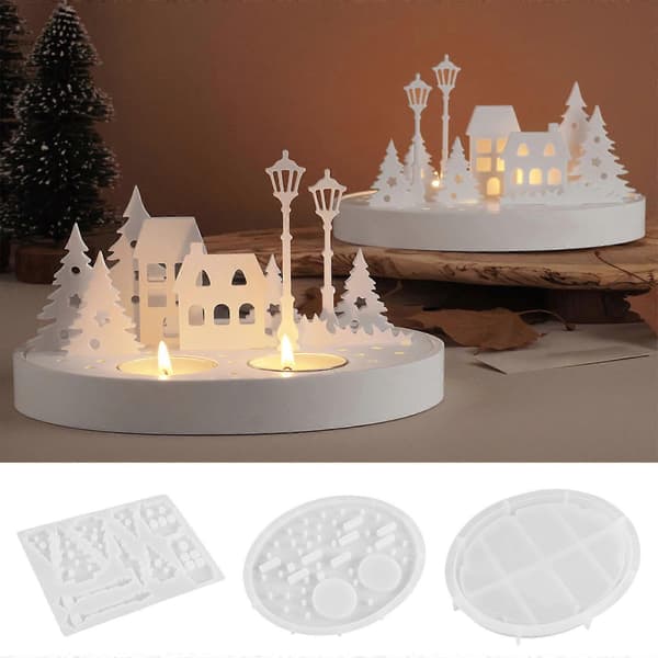 Fleksibel silikonform for DIY-lysholdere og nattlamper med gatebilde, tre- og husdesign