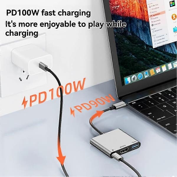 3-i-1 USB C til HDMI-kompatibel adapter med 4K video, USB 3.0 100W PD-lading for MacBook, iPhone, Samsung Galaxy Grey