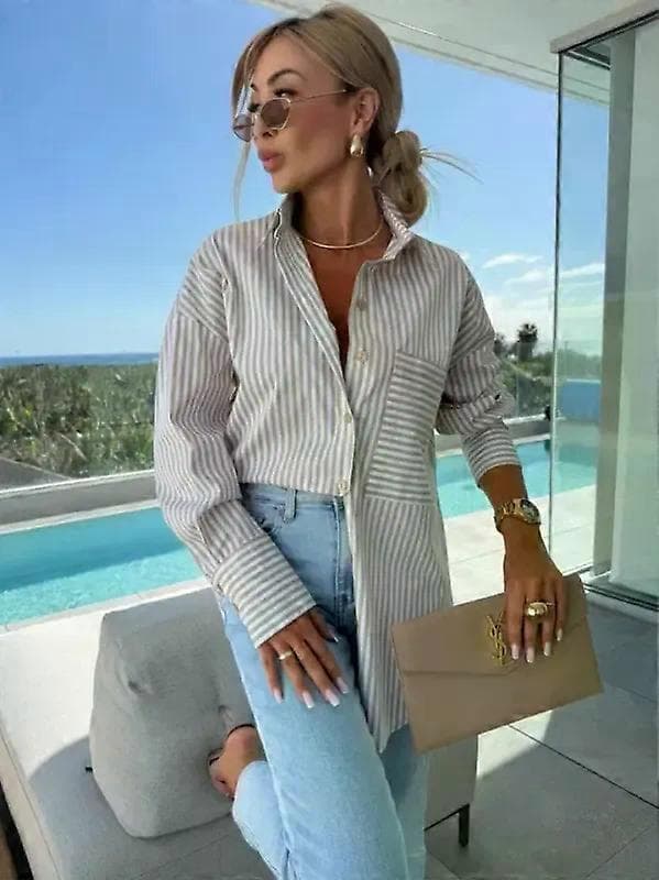 Dame stribet bluse afslappet løs knap op langærmede toppe T-shirts Tee STØRRELSE Khaki L