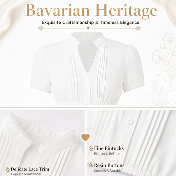 Dirndl-blus för dam, V-ringad dirndlblus, kortärmad traditionell blus Vit XL Kort