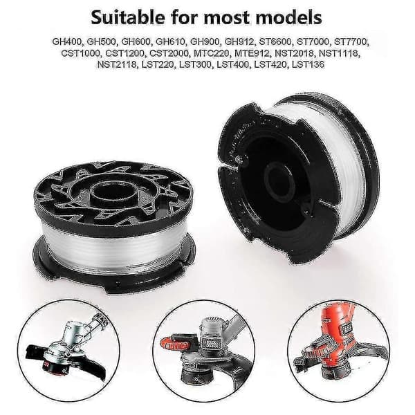 Sett med 6 trådspoler kompatible med 2 deksler kompatible med erstatning for Black Decker gresstrimmere.