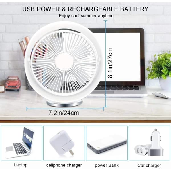 Silent USB Fan, Rechargeable 8-inch 2000mAh Small Desk Fan, 60° Rotation Angle, 3 Speed Settings