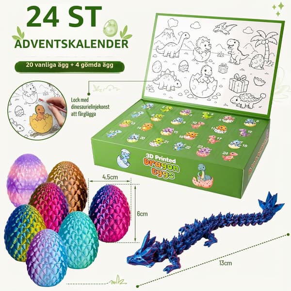 Sæt med 24 3D-printede drageæg med drage, julekalender