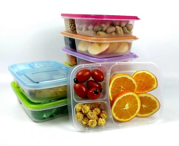 Reusable 3 Compartment Food Container Lunch Box Suitable for School, Work and Travel, 4-Pack (Red)