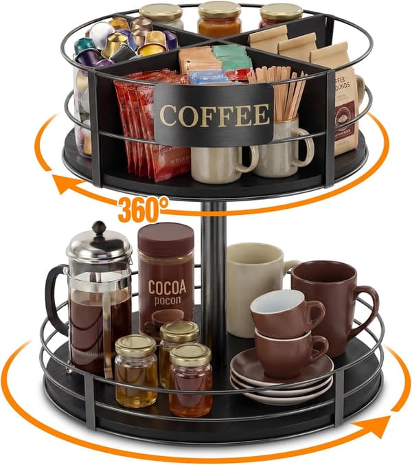 360° Rotating Metal Coffee Bar Organizer for Countertop, Black